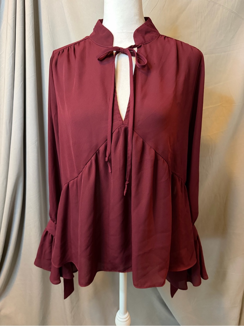 My Michelle Burgundy Tie-Front Peasant Blouse, ruffled sleeve cuff, Sz M